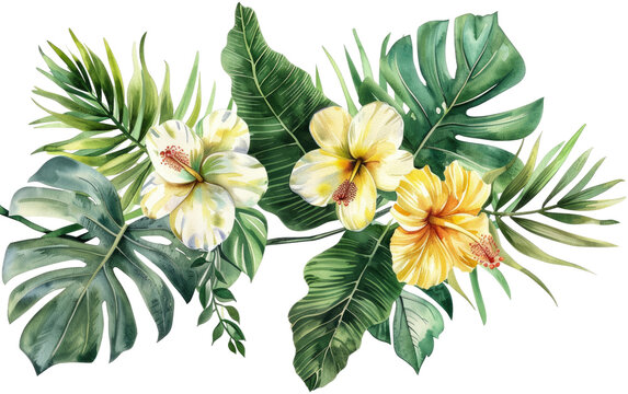 Watercolor of Tropical spring floral green leaves,PNG Image, isolated on Transparent background.