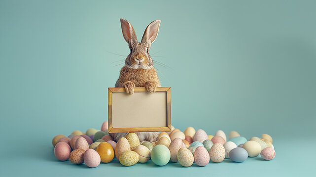 Lustiger Osterhase mit bunten Ostereier und Werbetafel und Platzhalter als Cartoons
