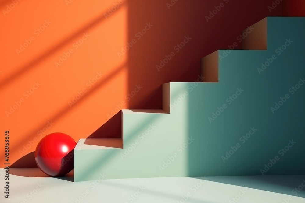 Poster abstract architectural elements with a red sphere on stairs, sharp shadows, and orange backdrop.