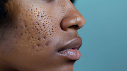 African woman's face closeup with acne scar, skin problem in woman, skin treatment 