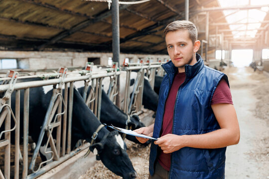 Portrait young man farmer with clipboard checking cows in cowshed on dairy farm business. Concept modern agriculture industry, farming animal husbandry
