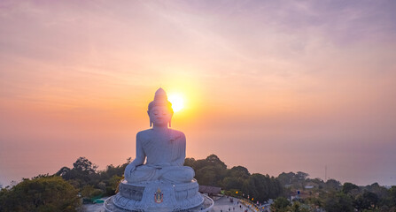 Panoramic photo of statue big Buddha in Phuket on sunset sky, aerial top view. Concept travel Thailand landmark - obrazy, fototapety, plakaty