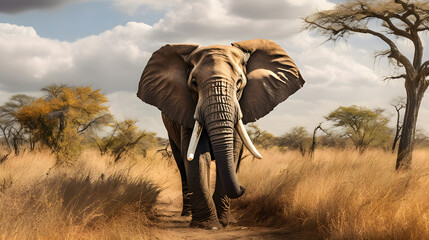 Powerful Majesty of a Tranquil African Elephant in Savannah Landscape: A Portrait of Resilience and...