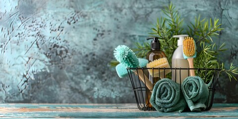 Ecofriendly cleaning supplies in a basket brushes sponges rubber gloves and natural products. Concept Eco-friendly Cleaning, Supplies Basket, Brushes, Sponges, Rubber Gloves, Natural Products