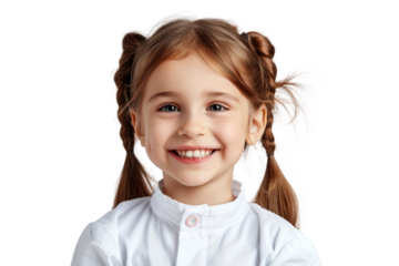 Studio portrait of cute little girl wearing doctor or dentist outfit costume with smile and looking at camera isolated on transparent png background.