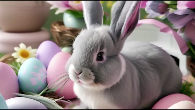 Easter - Cute grey fluffy bunny with colorful pastel painted eggs and spring flowers at the table in home. Easter background and card concept. Slow motion zoom in clip.