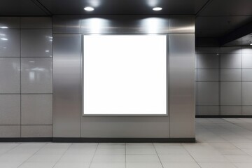 A blank advertisement billboard in a sleek subway station, ready for branding and messages.