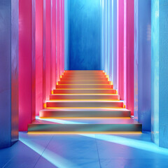 Obraz premium Marketing tech concept, abstract upward movement, gold against blue and pink, aerial shot.