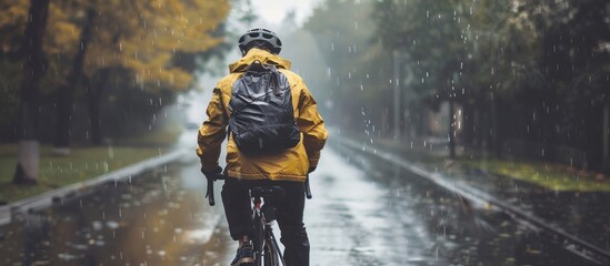 Portrait of a man riding a bicycle on a city street during heavy rain
