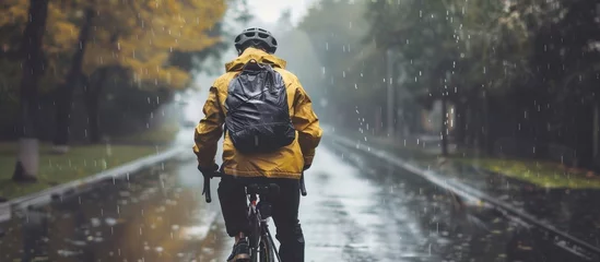 Gartenposter Portrait of a man riding a bicycle on a city street during heavy rain © BISMILAH