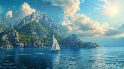 sailboat on the sea , mountain and hill on island as a background, blue sky - obrazy, fototapety, plakaty