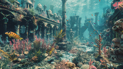 underwater abandoned kingdom , full of coral reef and fishes ,fantasy concept art , lost fallen Atlantis kingdom