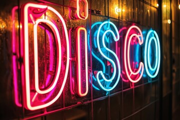 A colorful neon sign showing the word Disco on a wall of a club.