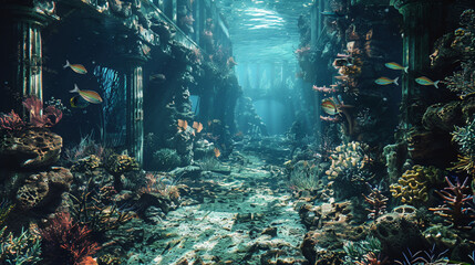 underwater abandoned kingdom , full of coral reef and fishes, lost fallen Atlantis kingdom  ,fantasy concept art