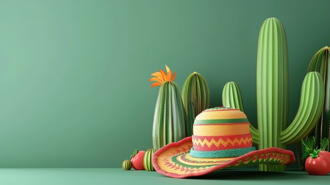 Spectacula cinco de mayo background with mexican cactus and sombrero
