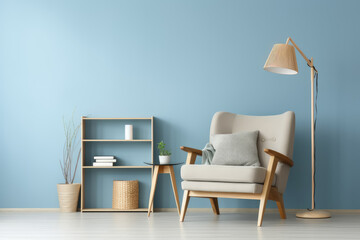 A living room with a blue wall and a wooden chair with a white pillow. The chair is next to a wooden shelf with a basket on it. A potted plant is on the floor - obrazy, fototapety, plakaty