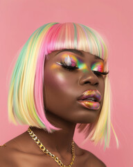 Obraz premium A black woman with pastel purple hair, colorful winged eyeliner and pink lipstick in the style of Barbiecore, holding her hand up to touch her face, beautiful eyes makeup