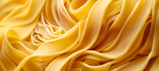 Golden yellow fettuccine pasta strands isolated on a white background - obrazy, fototapety, plakaty