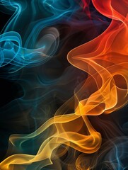 Close up view of vibrant and swirling colored smoke against a dark black background