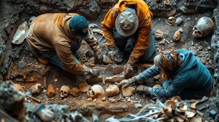 Fototapeta premium Unearthing the Past: Two Men Digging Through Rubble