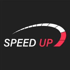 Red white logo with sign speed up and abstract speedometer or tachometer.