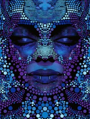 A womans face is shown in a close-up shot, surrounded by overlapping blue and purple circles, creating a unique and eye-catching visual effect