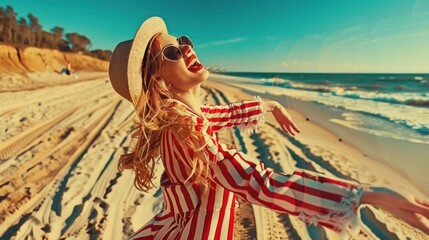 Fototapeta premium Woman Dancing in a Vibrant Striped Dress by the Shore