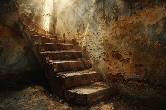 Exploring the Old Cellar: Sunbeams on Muddy Stairs and Textured Walls