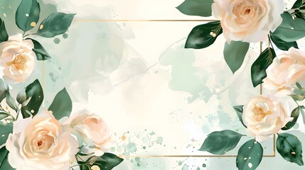 Subtle gold outline with watercolor roses on a muted green backdrop
