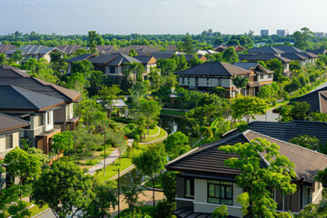 Fototapeta na wymiar Modern suburban houses among lush green spaces, Sustainable urban neighborhood. Aerial view of city with building and streets