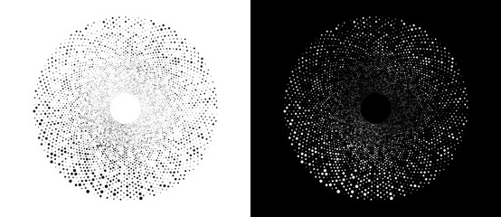 Circle with halftone black dots as advertising background or logo or icon. A black figure on a white background and an equally white figure on the black side. - obrazy, fototapety, plakaty