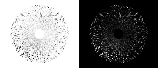 Selbstklebende Fototapeten Circle with halftone black dots as advertising background or logo or icon. A black figure on a white background and an equally white figure on the black side. © Mykola Mazuryk