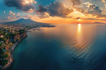 Naples Cityscape with Stunning Panorama of Mount Vesuvius and Gulf Bay.  - obrazy, fototapety, plakaty