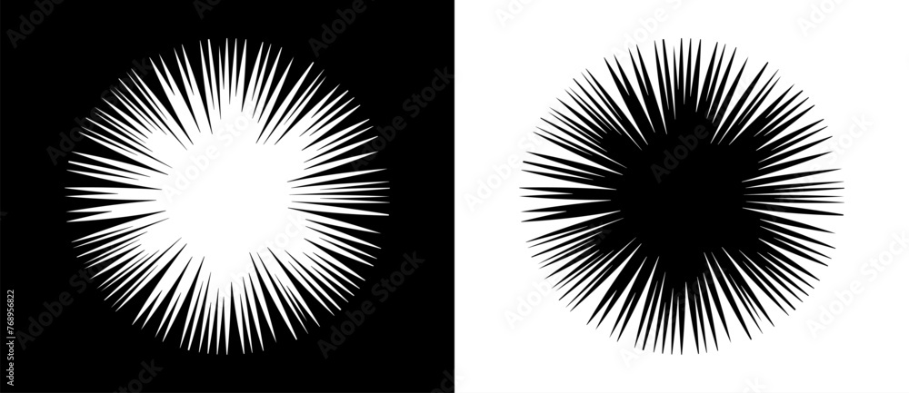 Poster Abstract background hole like burning lines in circle. Design element or icon. Black shape on a white background and the same white shape on the black side.