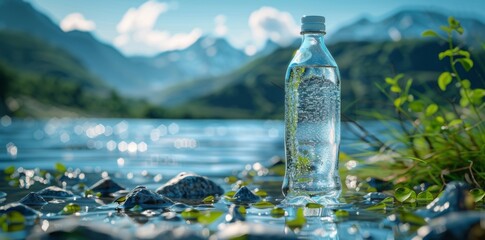Bottle of water rests on rock by river with mountain backdrop - obrazy, fototapety, plakaty