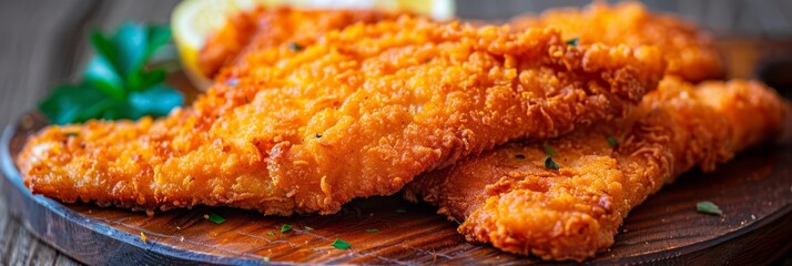 Crispy breaded fish fillets  deep fried with a delightful crispy exterior and tender flaky interior - obrazy, fototapety, plakaty
