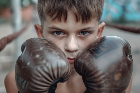 Skinny scared boy in boxing gloves looking at the camera