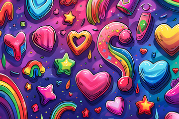 A playful and vivid graffiti-style artwork celebrating love in its many forms, with dynamic rainbows