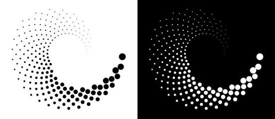 Halftone dots in spiral. Modern abstract background. Design element or icon, logo. Black shape on a white background and the same white shape on the black side.