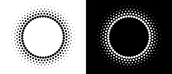 Modern abstract background. Halftone dots in circle form. Sun concept. Vector dotted frame. Design element or icon. Black shape on a white background and the same white shape on the black side. - 768957220