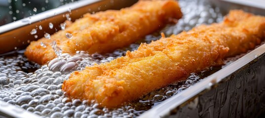 Perfectly crispy breaded fish fillets sizzling in the deep fryer for ultimate flaky goodness - obrazy, fototapety, plakaty