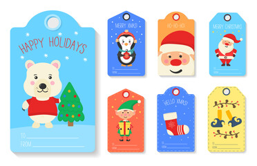 Collection of gift tags and cards Merry Christmas and Happy New Year. Set of Christmas tag cute. Creative handmade textures for winter holidays. Vector illustration,