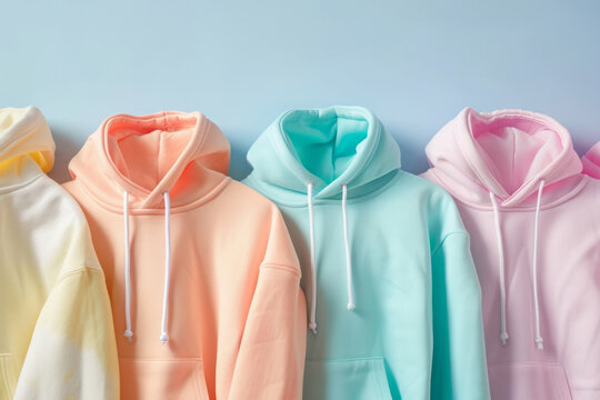 Lots of colorful hoodies on blue background. Bright colorful sweatshirts in wardrobe