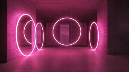 Ethereal neon light circles harmoniously connected in a tranquil space, exuding a calming and introspective energy.