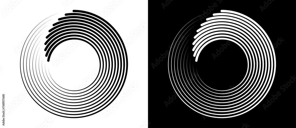 Fototapete lines in circle abstract background. dynamic transition illusion. black shape on a white background 