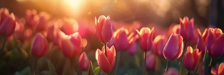 Poster Beautiful field of red tulips glowing in the golden light of the setting sun © Maksym