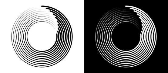 Lines in circle abstract background. Dynamic transition illusion. Black shape on a white background and the same white shape on the black side.	