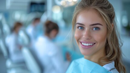 Fototapeta premium Joyful Woman Encountering Team of Dentists