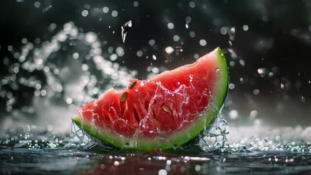 Slice of watermelon with splashing water on dark background