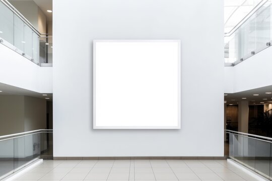 Spacious modern gallery interior featuring a large blank frame on a white wall. Modern Gallery Space with Blank Frame